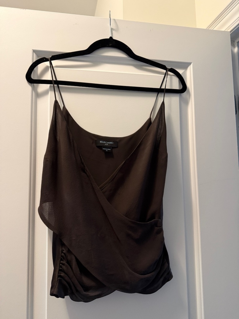 Marciano Brown Draped Silk-Blend Spaghetti Strap Cami